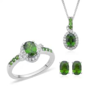 NWT CHROME DIOPSIDE & WHITE ZIRCON STERLING SILVER EARRINGS, NECKLACE & RING SZ9